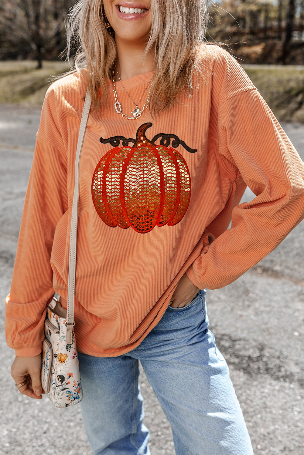 Orange Crinkle Ribbed Thanksgiving Sequin Pumpkin Graphic Sweatshirt