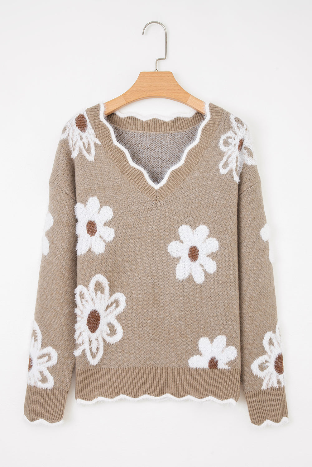 Seagrass Jacquard Floral Scallop V-neck Sweater