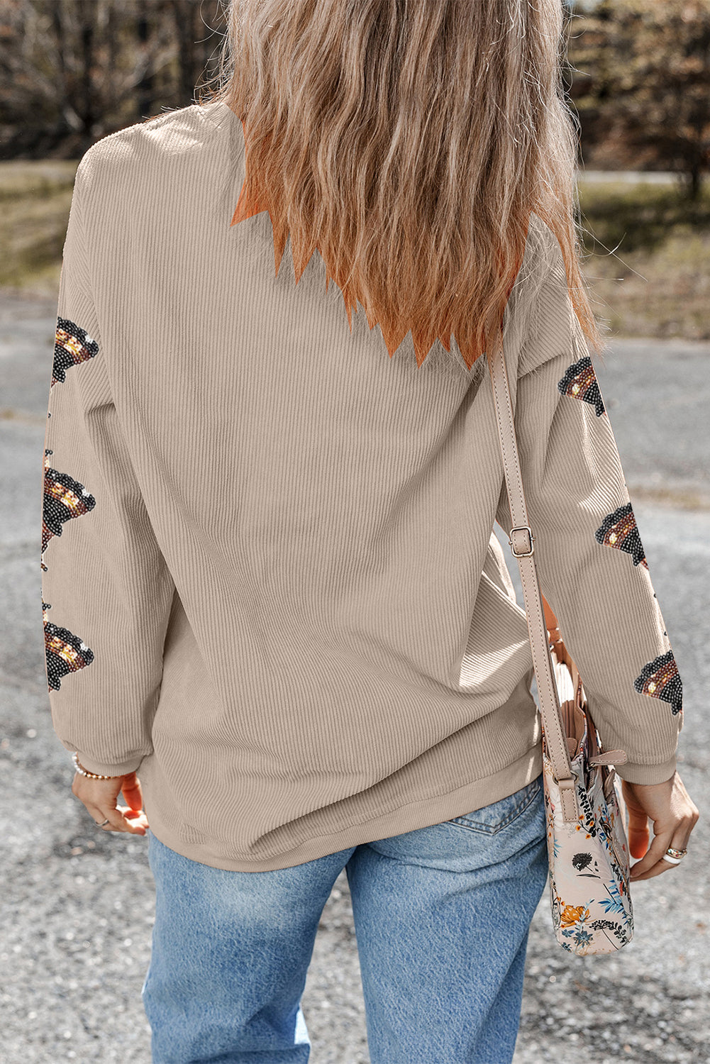 Smoke Gray gobble Turkey Sleeve Sequins Patch Corded Baggy Sweatshirt