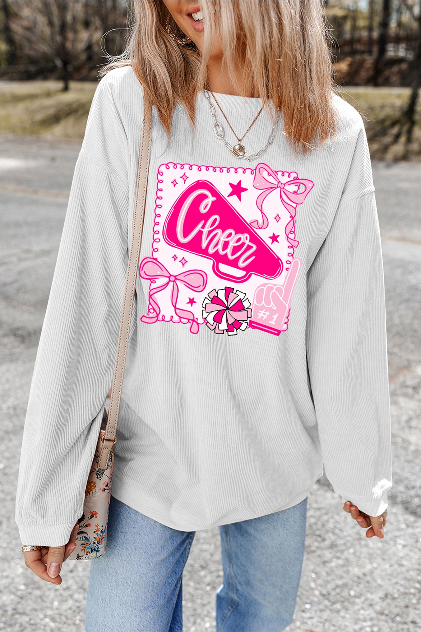 White 3D Ribbed Coquette Cheer Game Day Sweatshirt