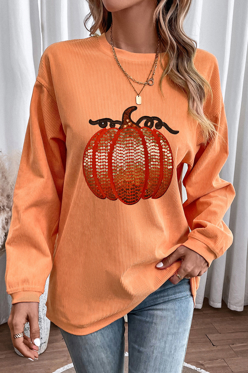 Orange Crinkle Ribbed Thanksgiving Sequin Pumpkin Graphic Sweatshirt