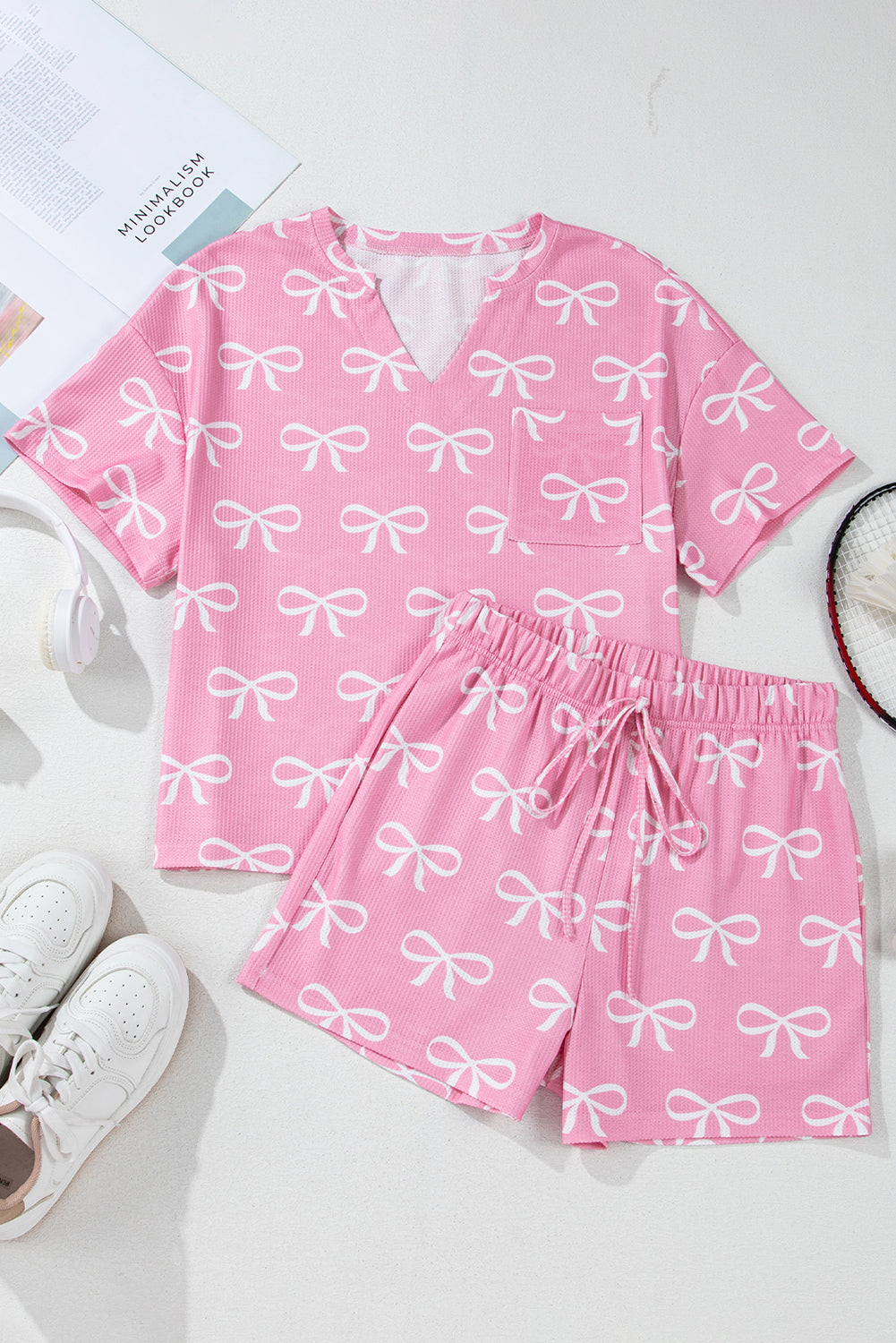 Pink Waffle Knit Bowknot Printed two piece V Neck T Shirt And Shorts Set