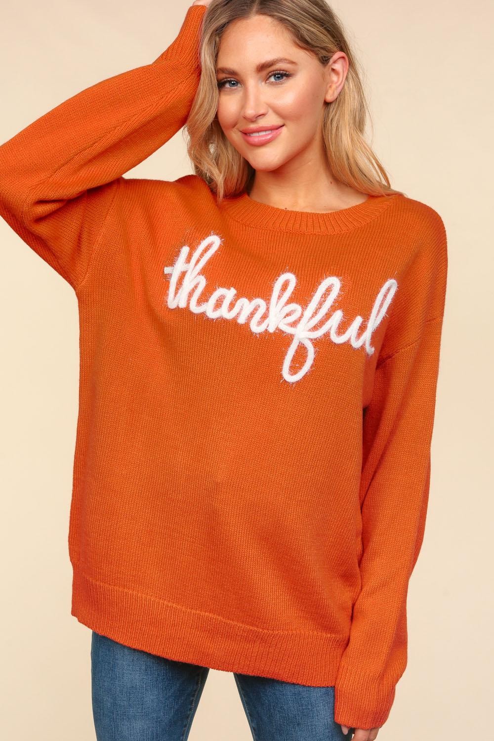 Haptics Full Size Metallic Glitter Embroidery Sweater Thankful Thanksgiving