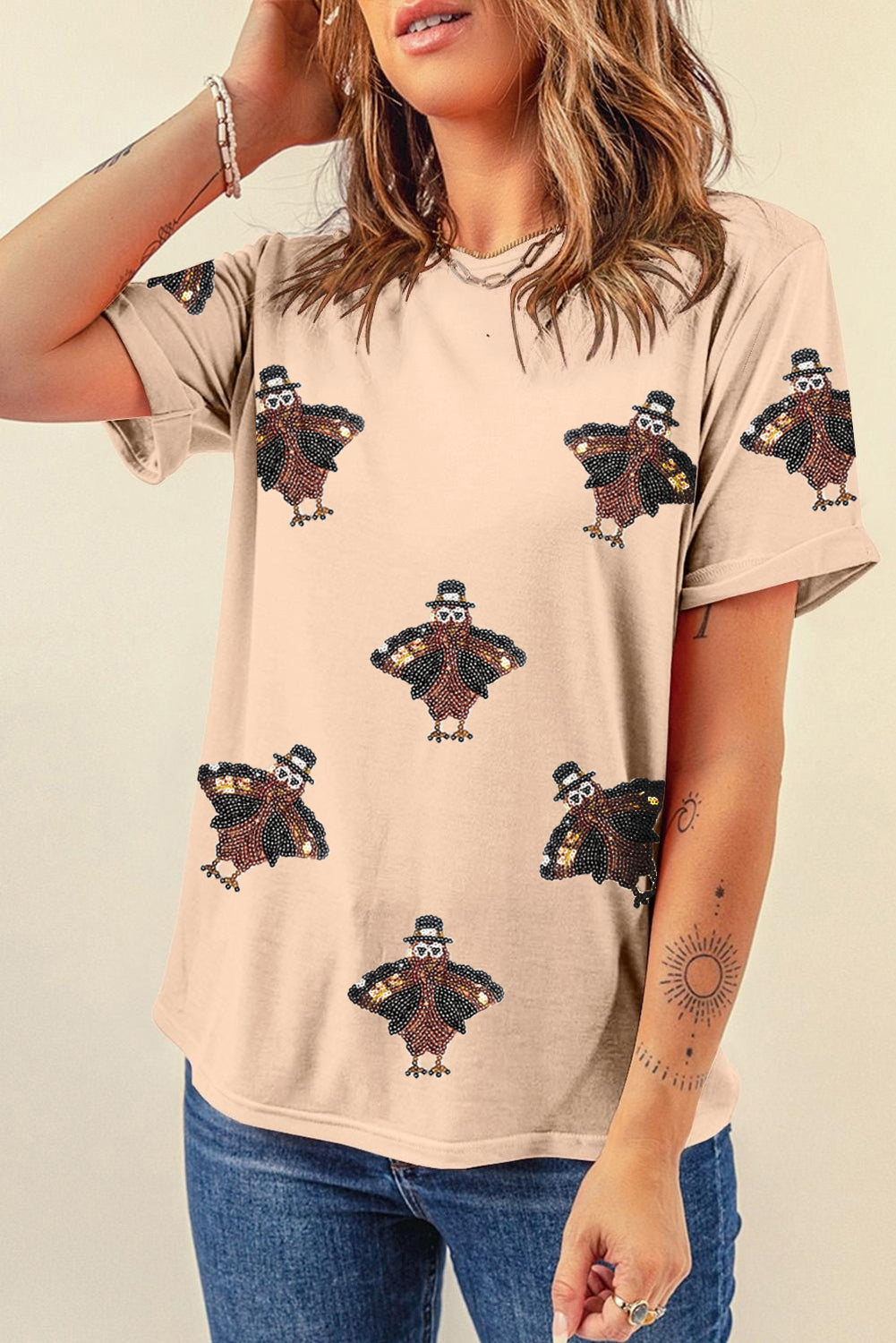 Khaki turkey thanksgiving Sequin Print Round Neck Graphic Tee