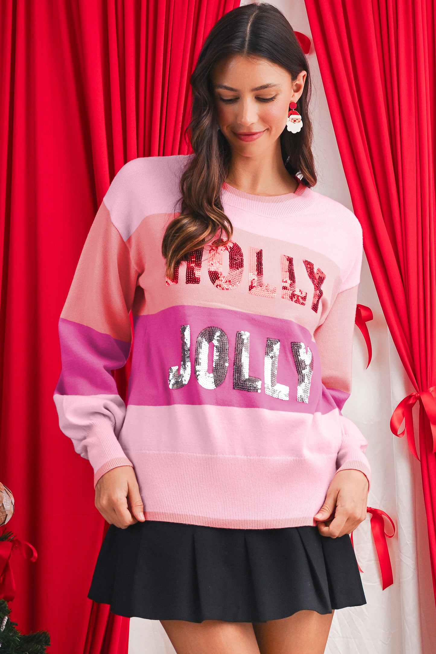 Green HOLLY JOLLY Sequined Colorblock Crew Neck Sweater Christmas