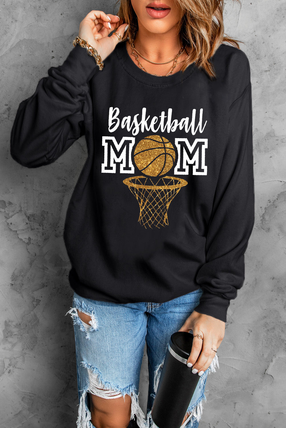 Black Basketball MOM Graphic Long Sleeve Round Neck Top