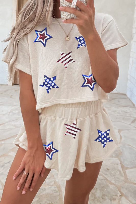 Beige Sequin Patriotic Star Cropped Tee Skort 2 piece Set 4th of July