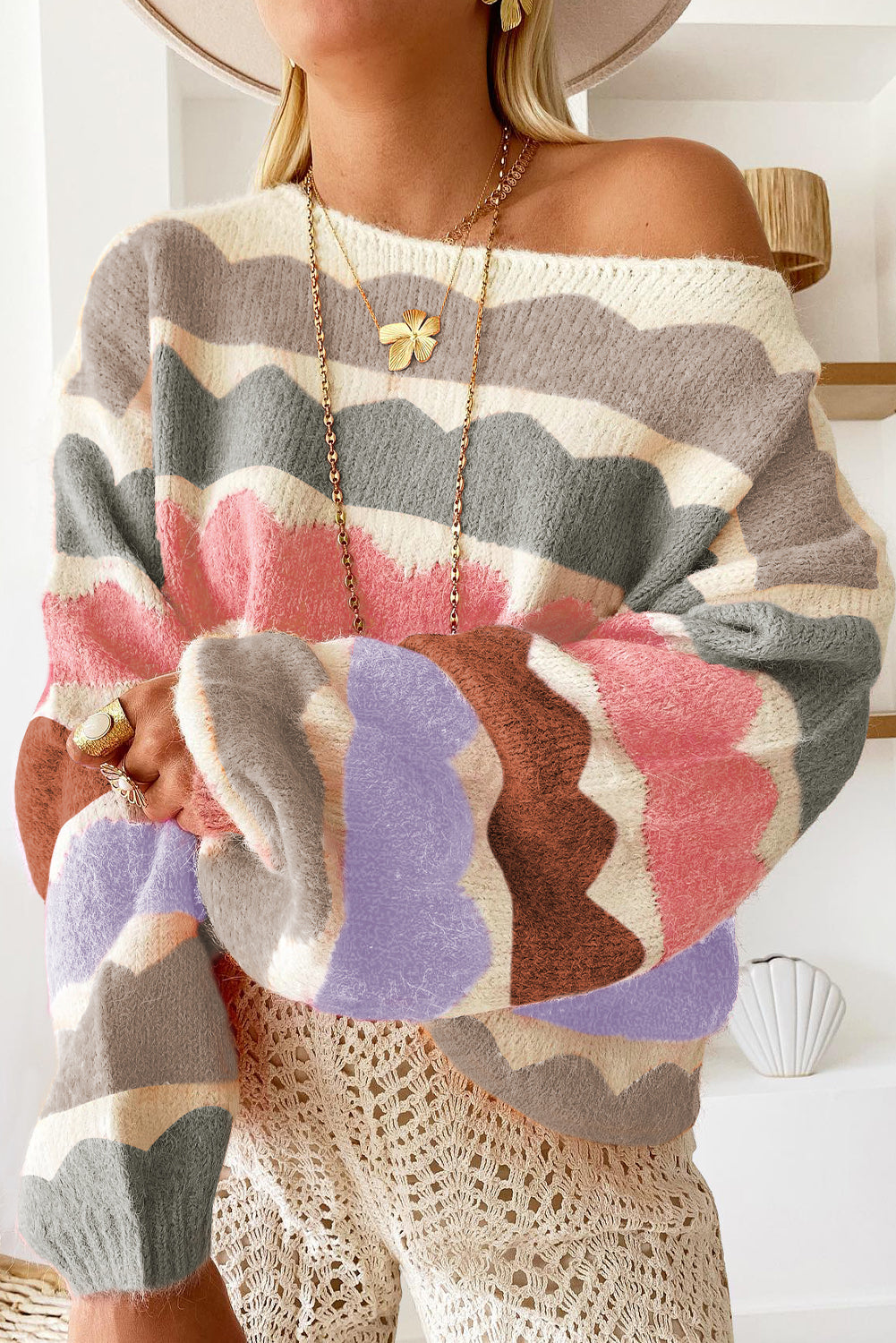 Yellow Wave Striped Balloon Sleeve Drop Shoulder Sweater