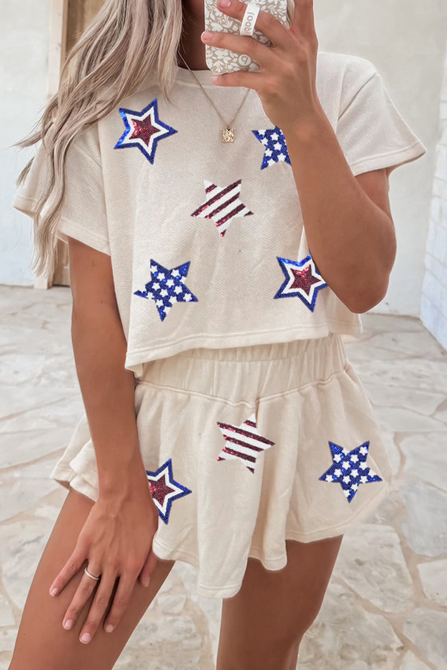 Beige Sequin Patriotic Star Cropped Tee Skort 2 piece Set 4th of July