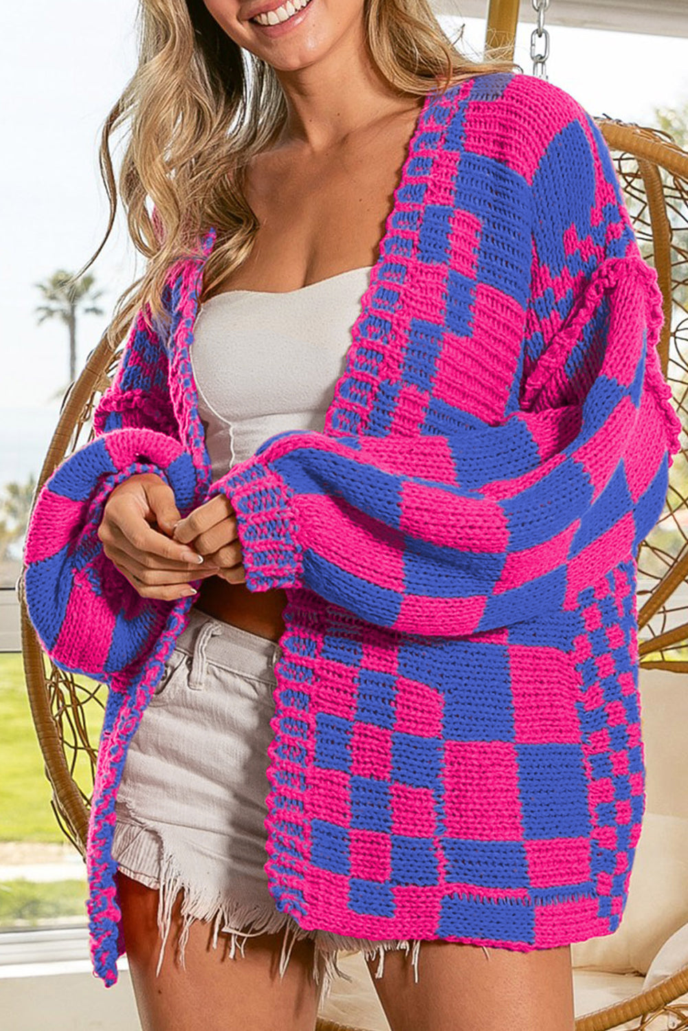 Colorblock Checked Open Front Knitted Cardigan