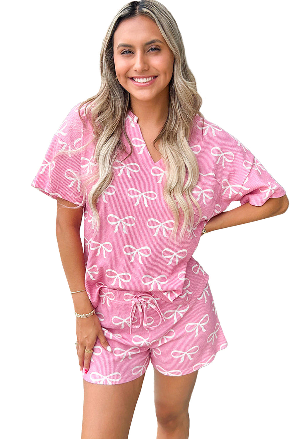 Pink Waffle Knit Bowknot Printed two piece V Neck T Shirt And Shorts Set