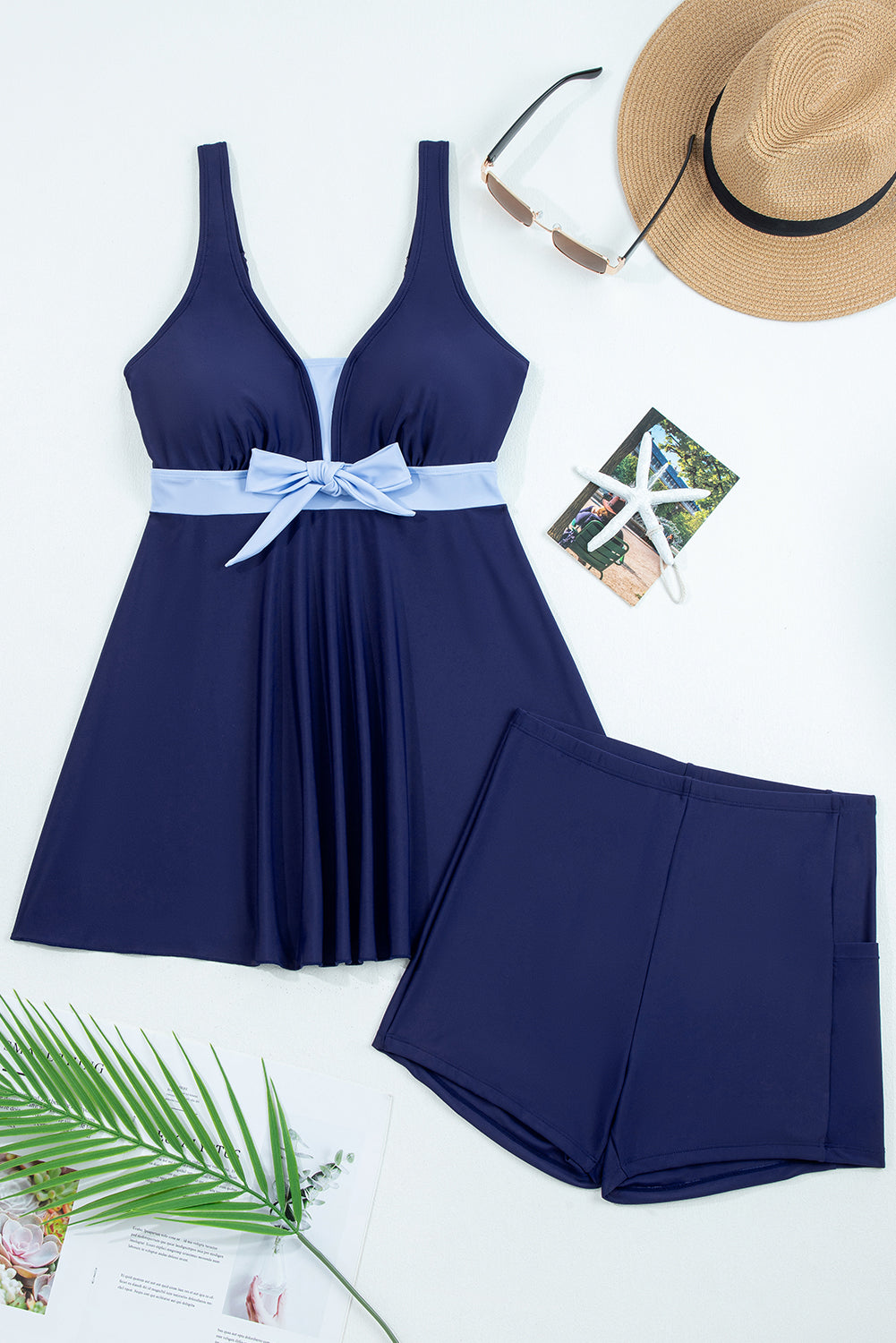 Sail Blue Color Block Patchwork Bow Knot Detail Sleeveless Swim Dress