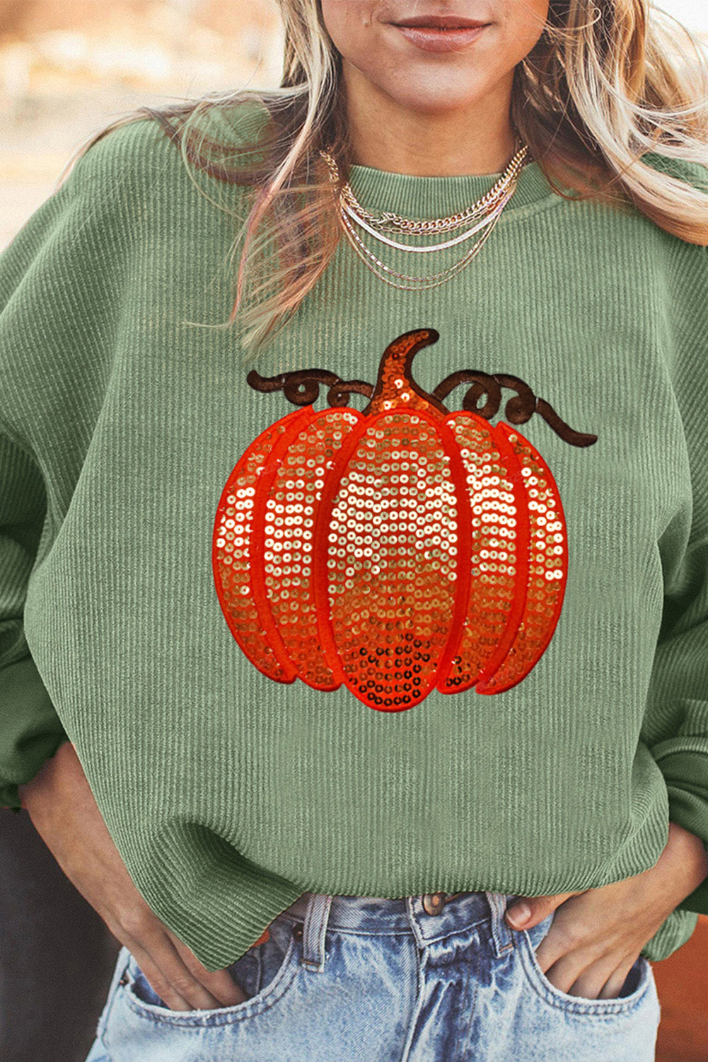 Orange Crinkle Ribbed Thanksgiving Sequin Pumpkin Graphic Sweatshirt