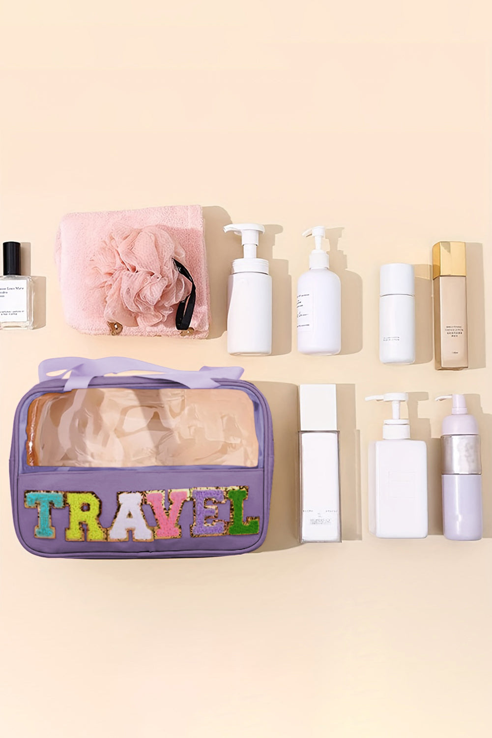 Purple TRAVEL Letter Clear PVC Makeup Bag