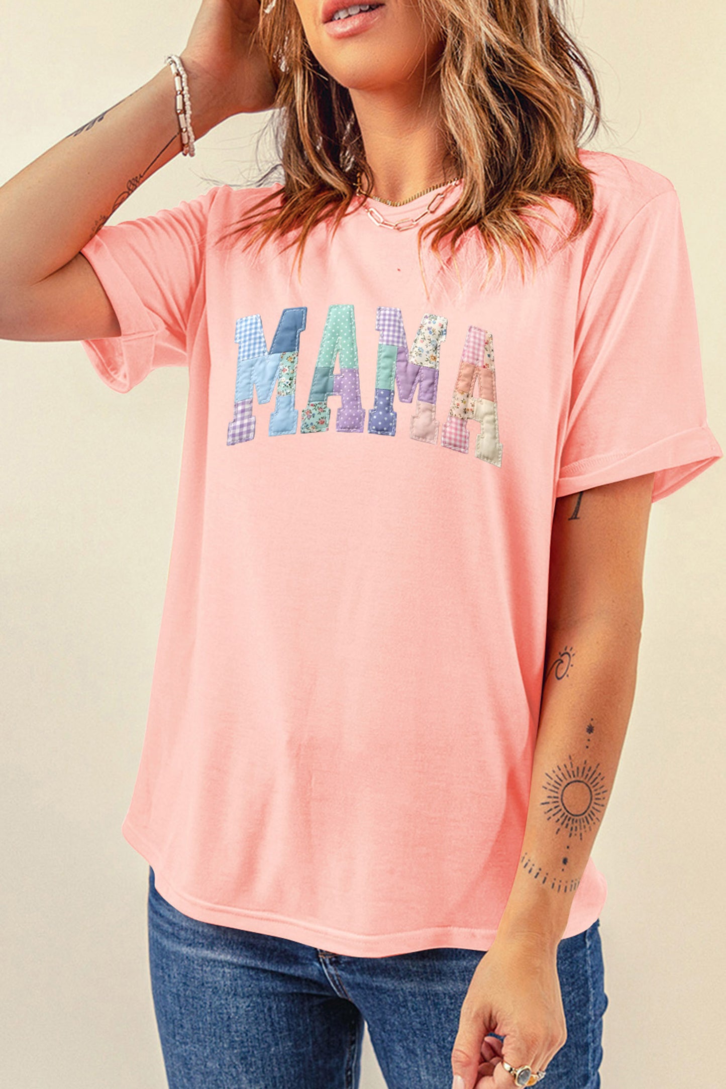 Pink Faux Patchwork Print Floral MAMA Lettering T Shirt Mother’s Day