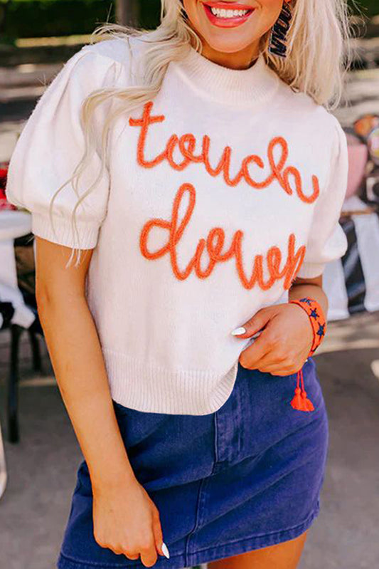 White Touchdown Tinsel Puff Short Sleeve Sweater football