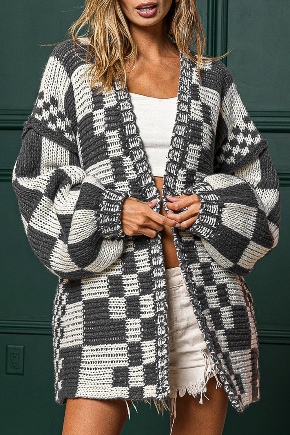 Colorblock Checked Open Front Knitted Cardigan