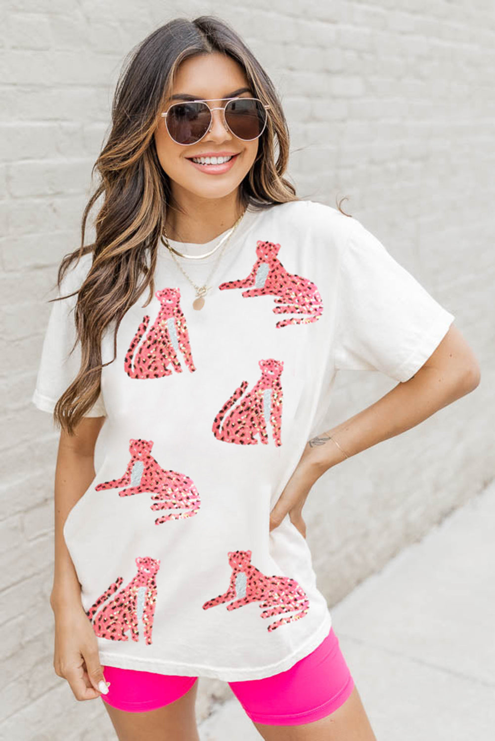 White Sequined Cheetah Graphic Round Neck Tee