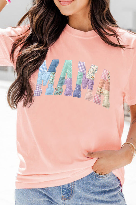 Pink Faux Patchwork Print Floral MAMA Lettering T Shirt Mother’s Day