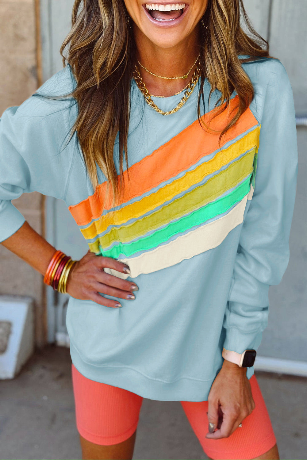 Apricot Rainbow Colorblock Pullover Sweatshirt