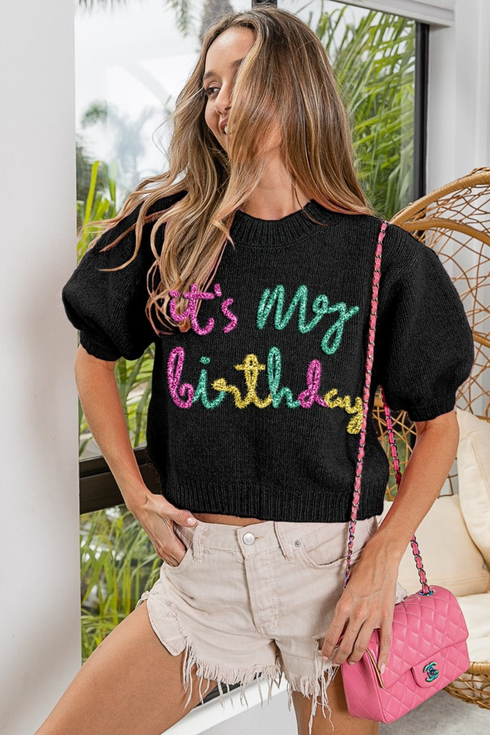 BiBi Metallic Letter Puff Sleeve Hairy Sweater It's My Birthday