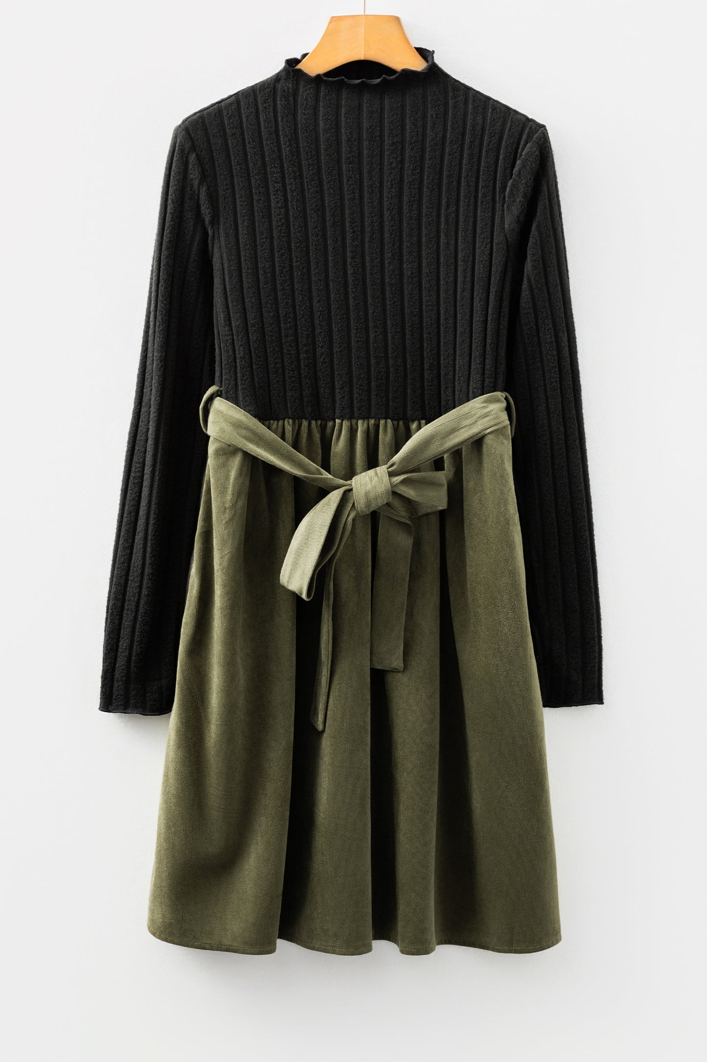 Black Ribbed Knit Slim Bodice Contrast Flared Skirt Patchwork Belted Dress Christmas