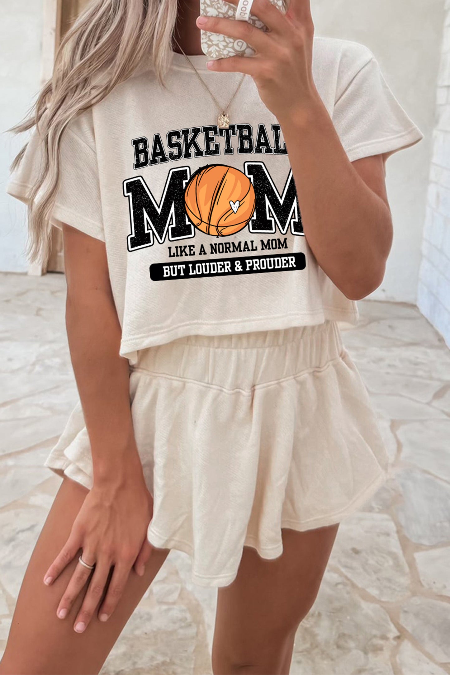 Beige BASKETBALL MOM Retro Graphic Ruffle Skort 2 piece Set Mother’s Day gift