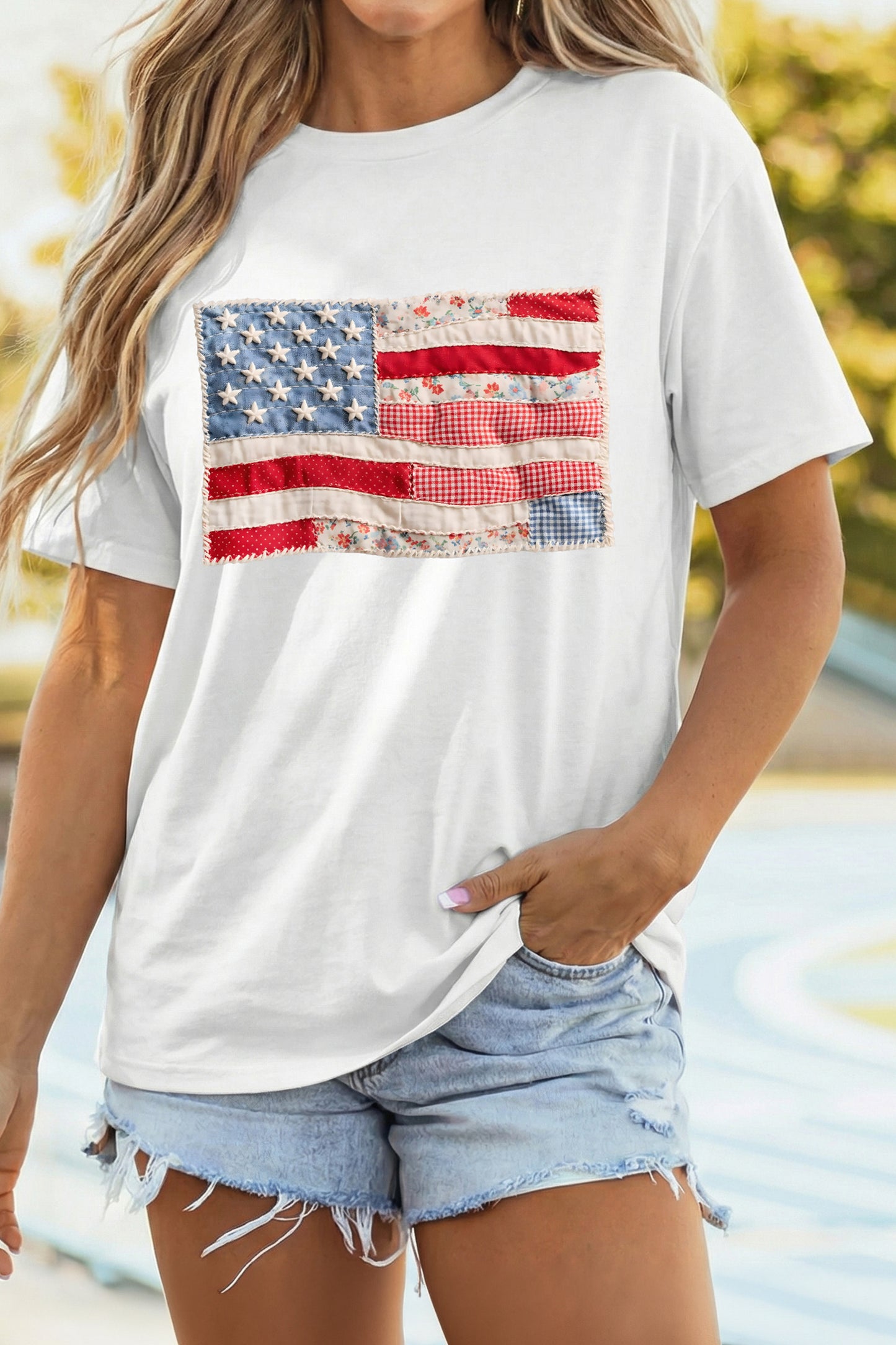 White Faux Patchwork Printed US Flag Casual Tee 4th of July