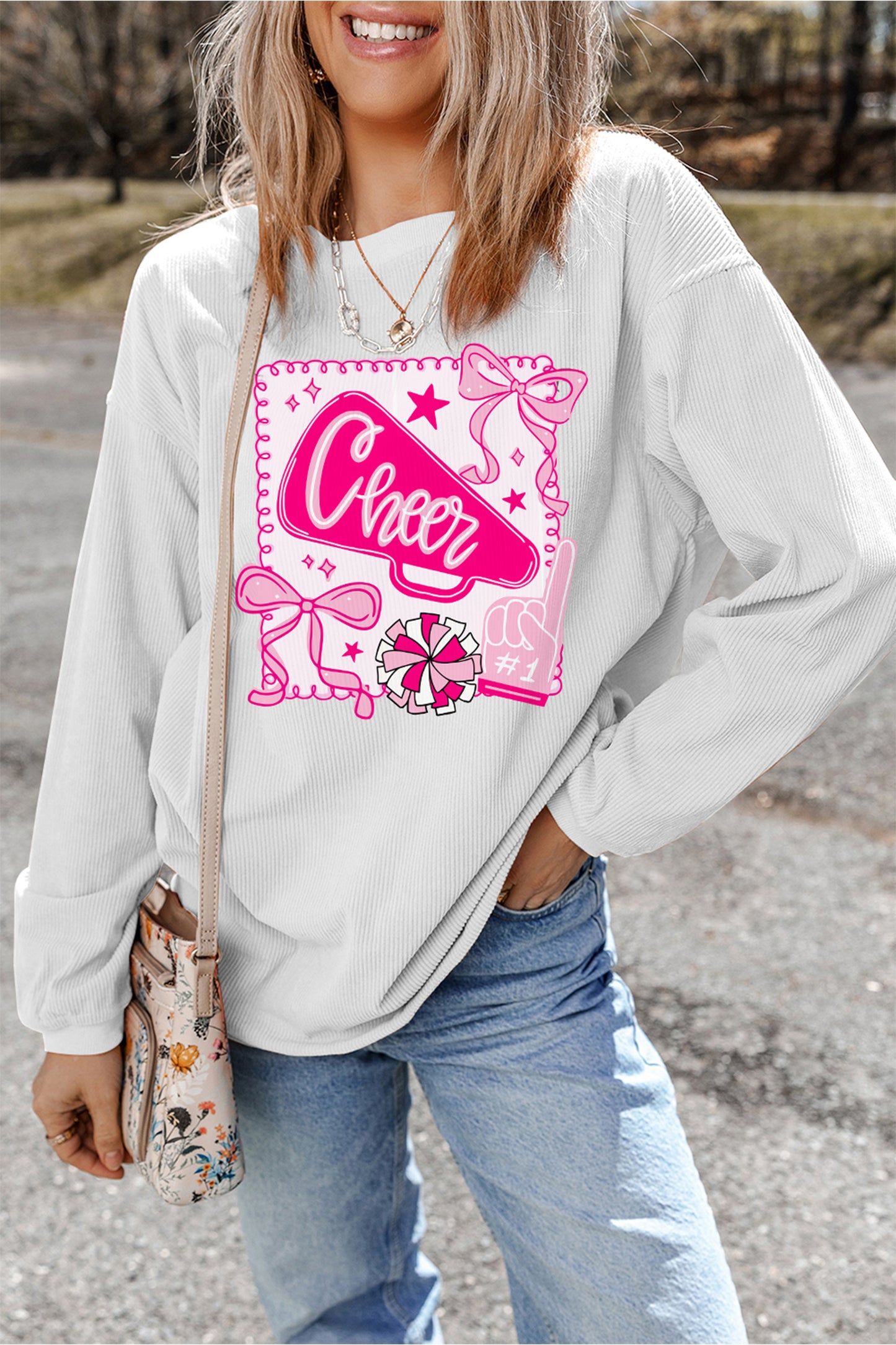 White 3D Ribbed Coquette Cheer Game Day Sweatshirt