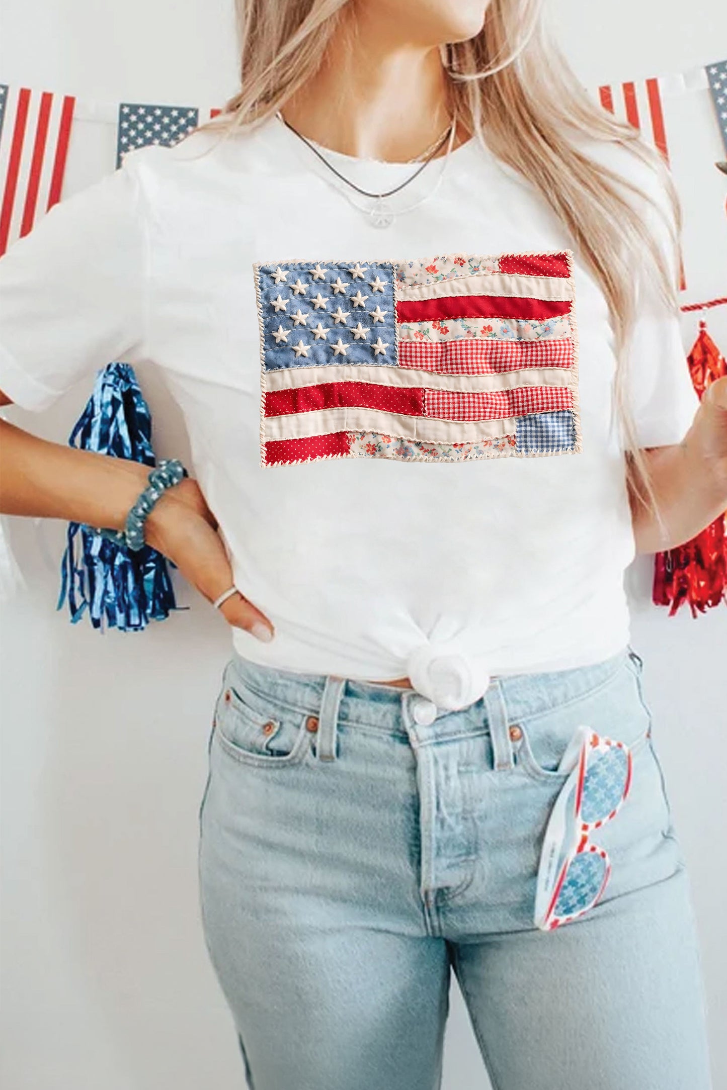 White Faux Patchwork Printed US Flag Casual Tee 4th of July