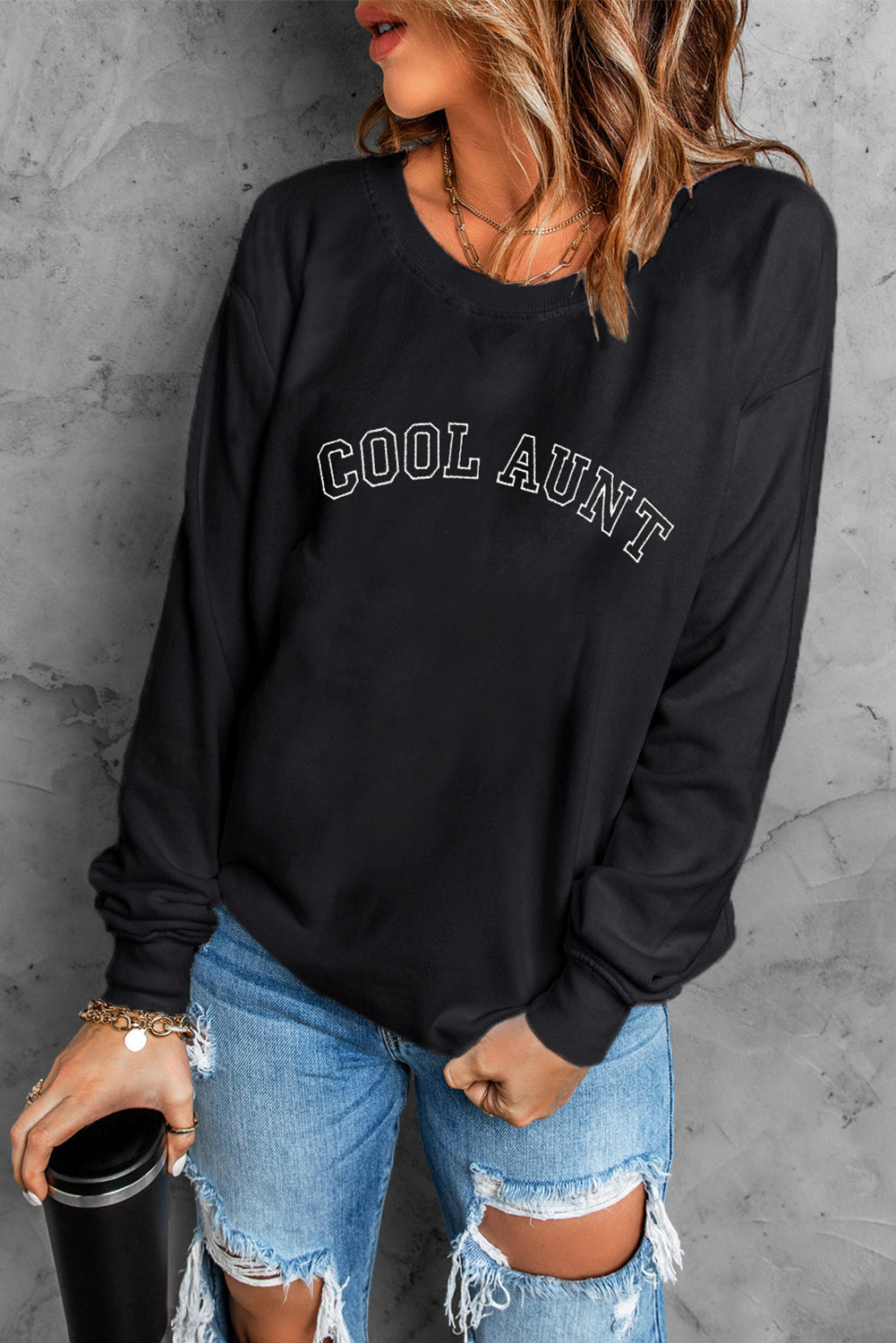 Black COOL AUNT Embroidered Letter Graphic Sweatshirt