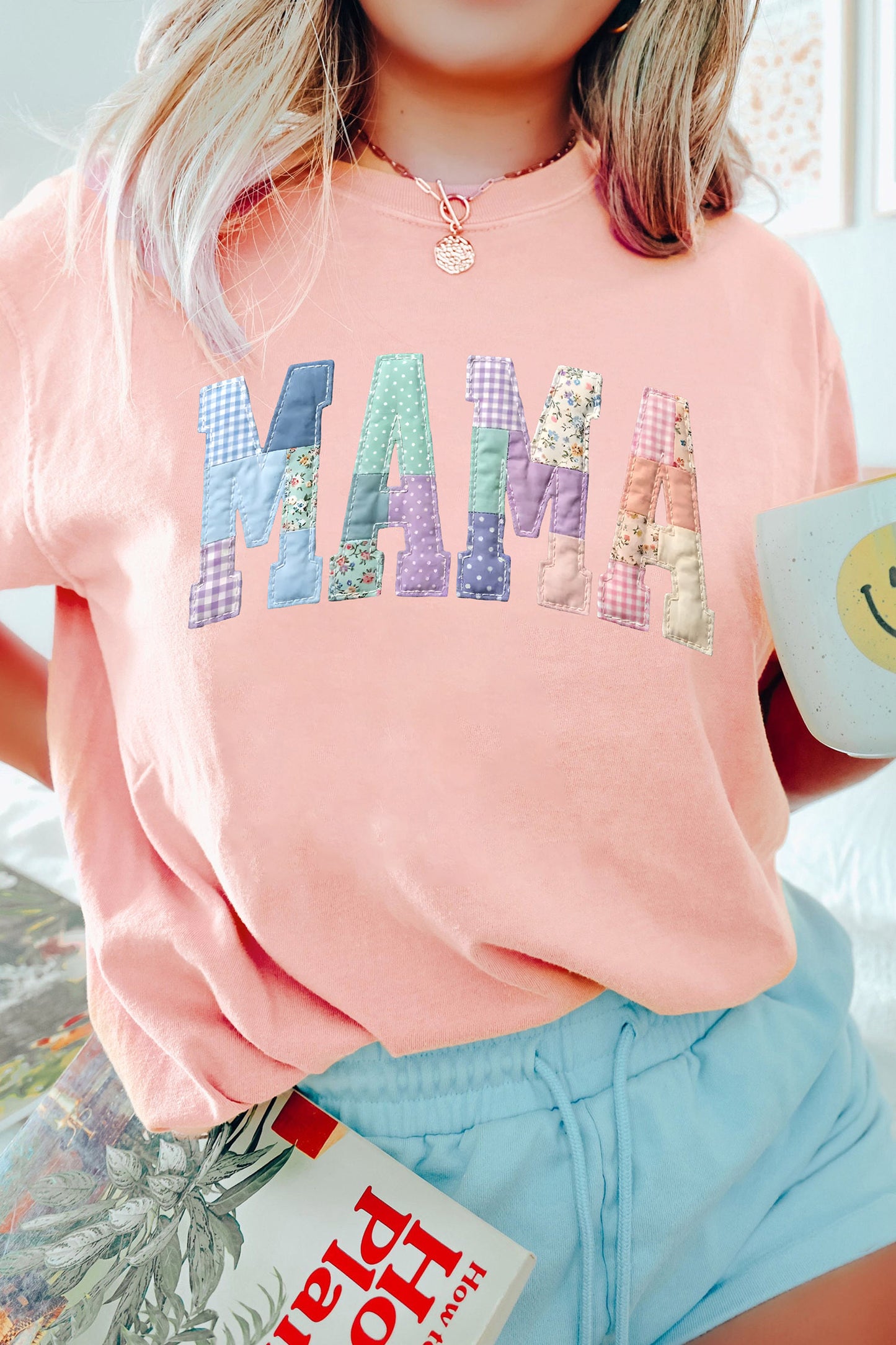 Pink Faux Patchwork Print Floral MAMA Lettering T Shirt Mother’s Day