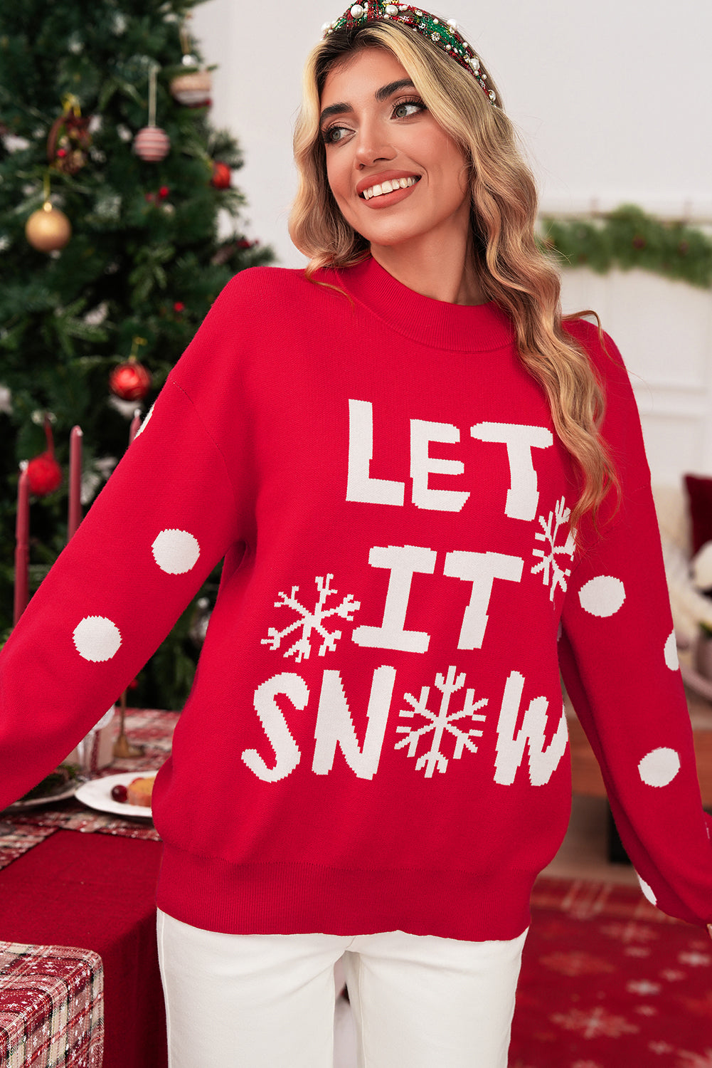Red Dahlia LET IT SNOW Christmas Dotty Sleeve Loose Sweater