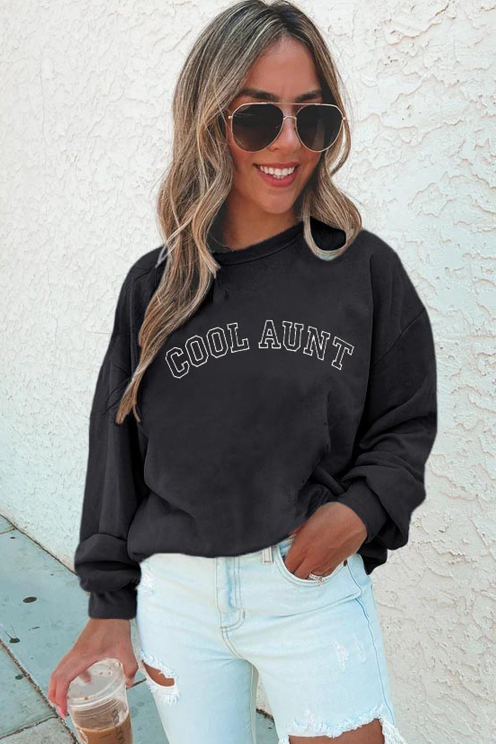 Black COOL AUNT Embroidered Letter Graphic Sweatshirt