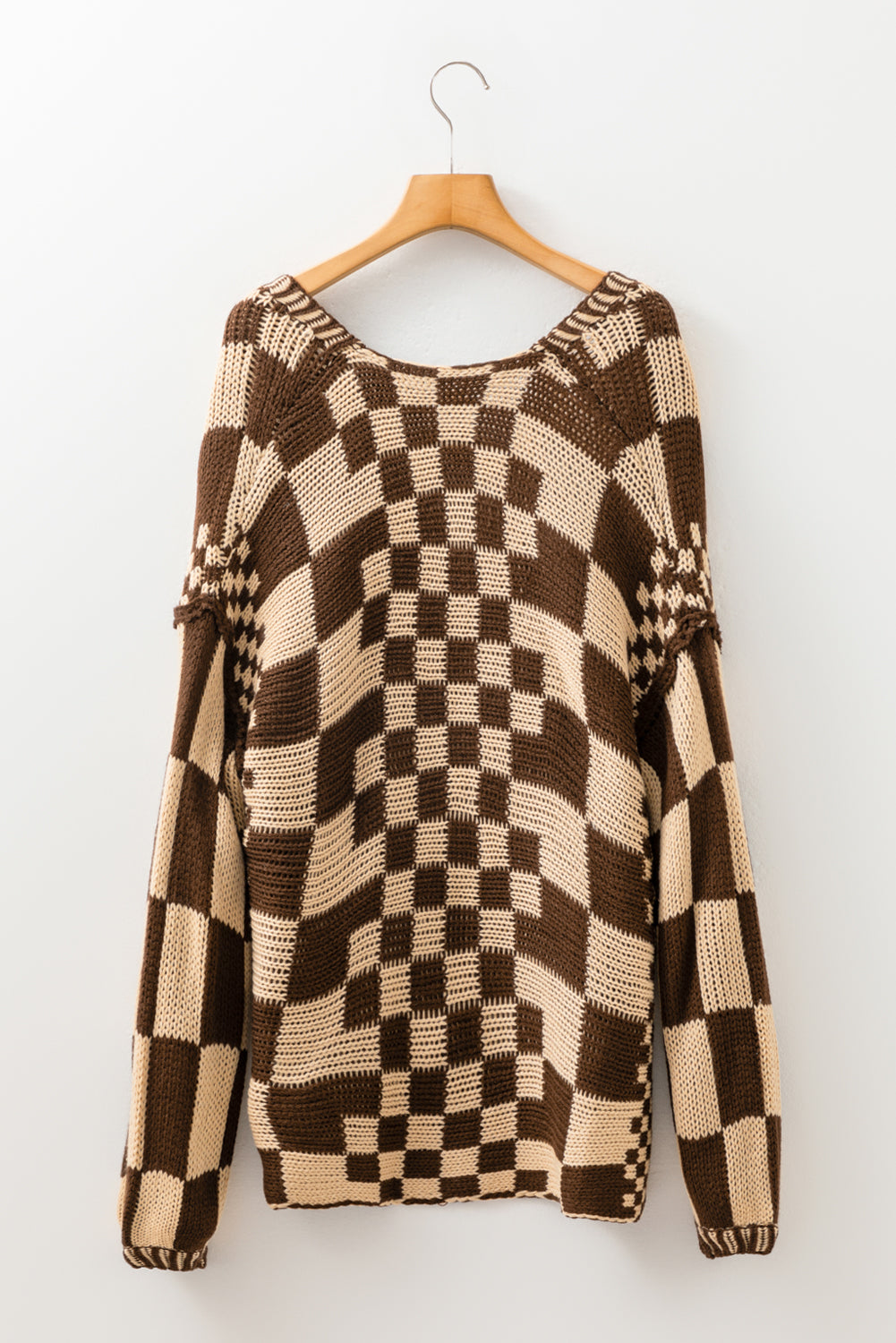 Colorblock Checked Open Front Knitted Cardigan