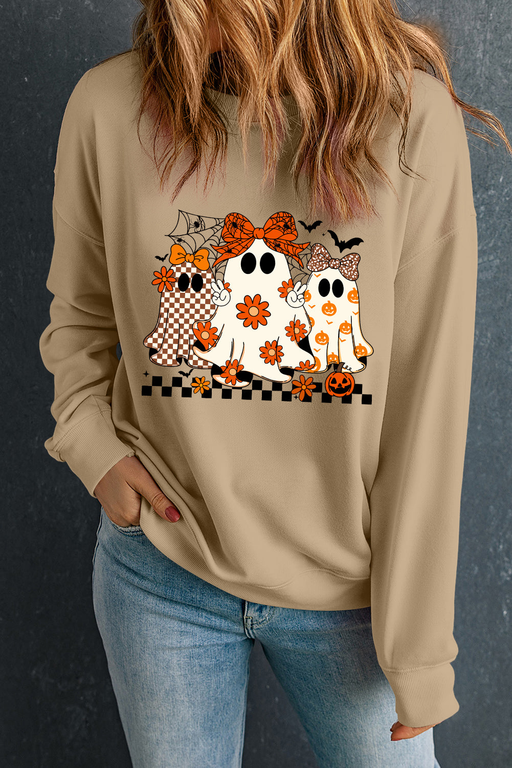 Khaki Cute Halloween Ghost Heat Transfer Printing Graphic Baggy Sweatshirt