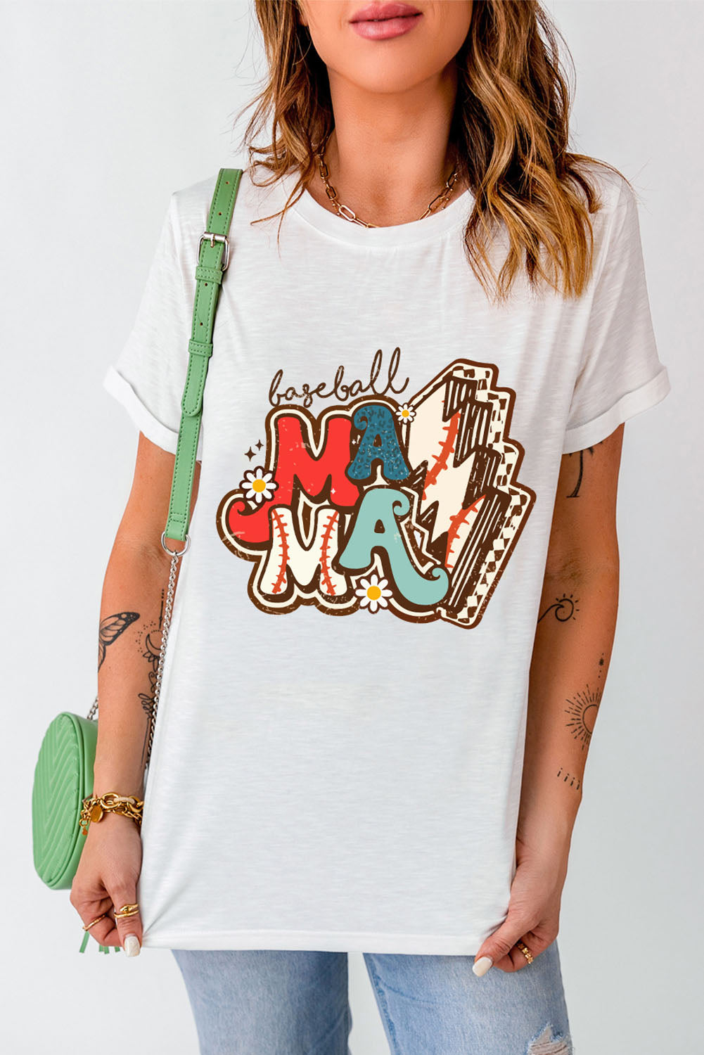 White MAMA Baseball Lightning Graphic Round Neck Tee