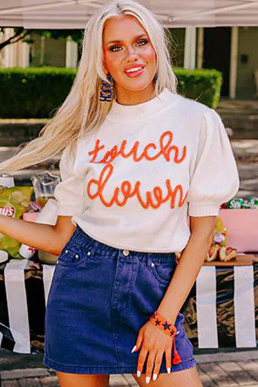 White Touchdown Tinsel Puff Short Sleeve Sweater football