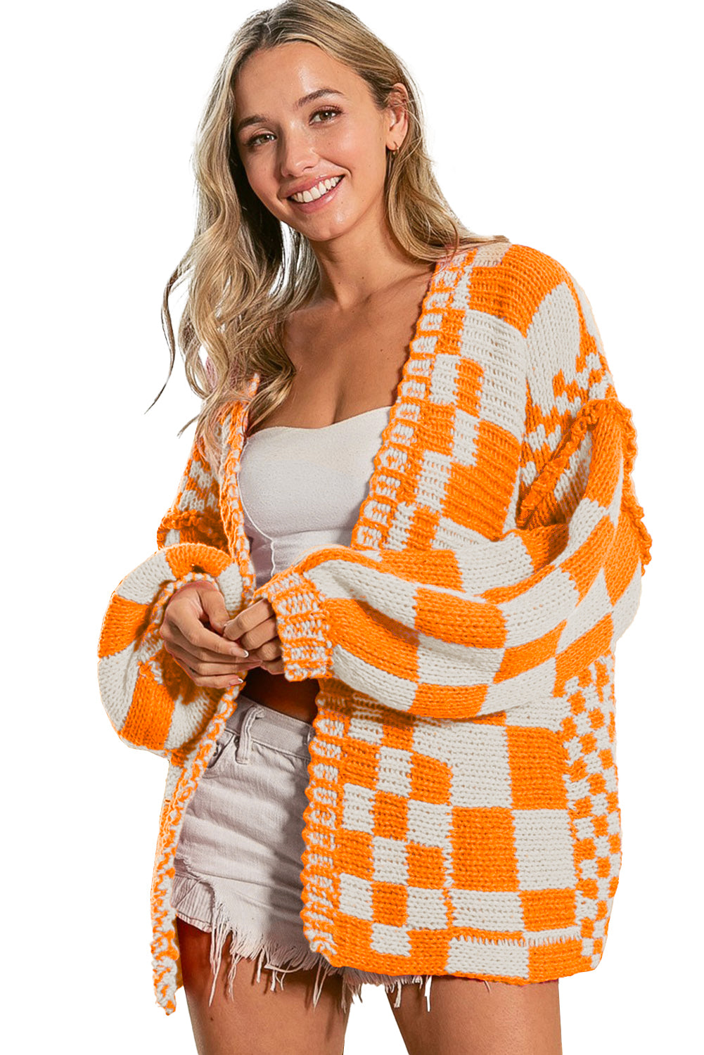 Colorblock Checked Open Front Knitted Cardigan