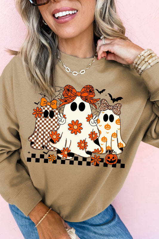 Khaki Cute Halloween Ghost Heat Transfer Printing Graphic Baggy Sweatshirt