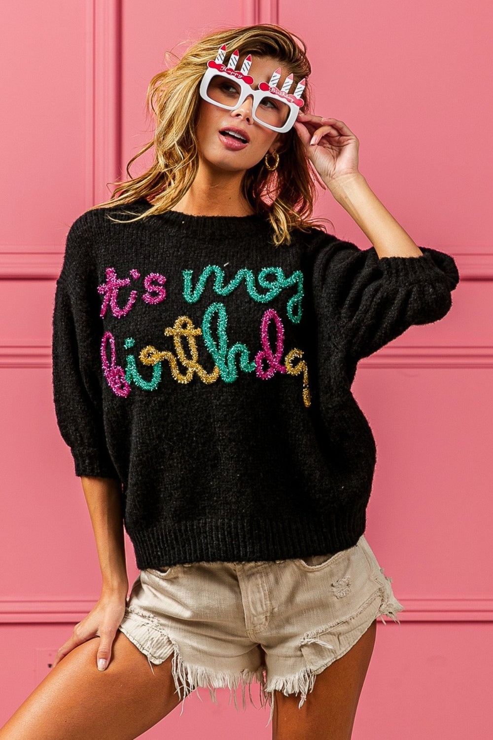 BiBi Metallic Letter Puff Sleeve Hairy Sweater It's My Birthday