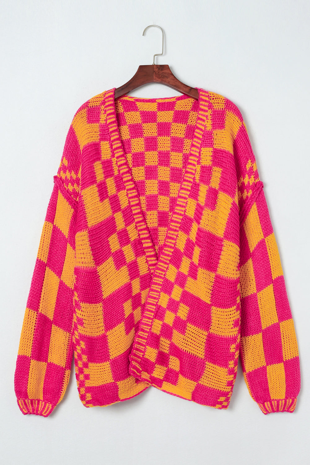 Colorblock Checked Open Front Knitted Cardigan