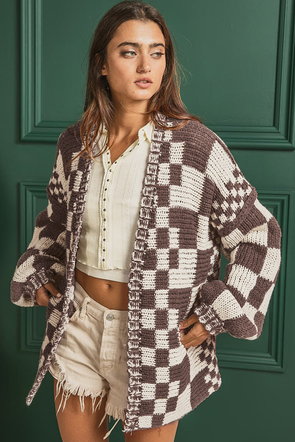 Colorblock Checked Open Front Knitted Cardigan