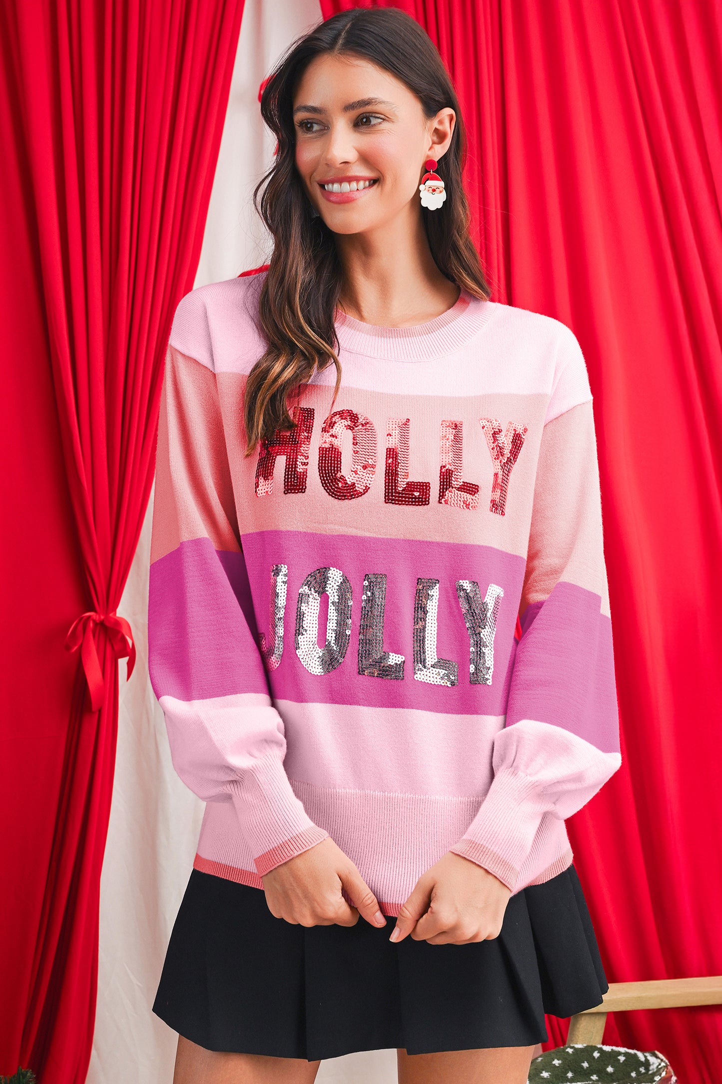 Green HOLLY JOLLY Sequined Colorblock Crew Neck Sweater Christmas