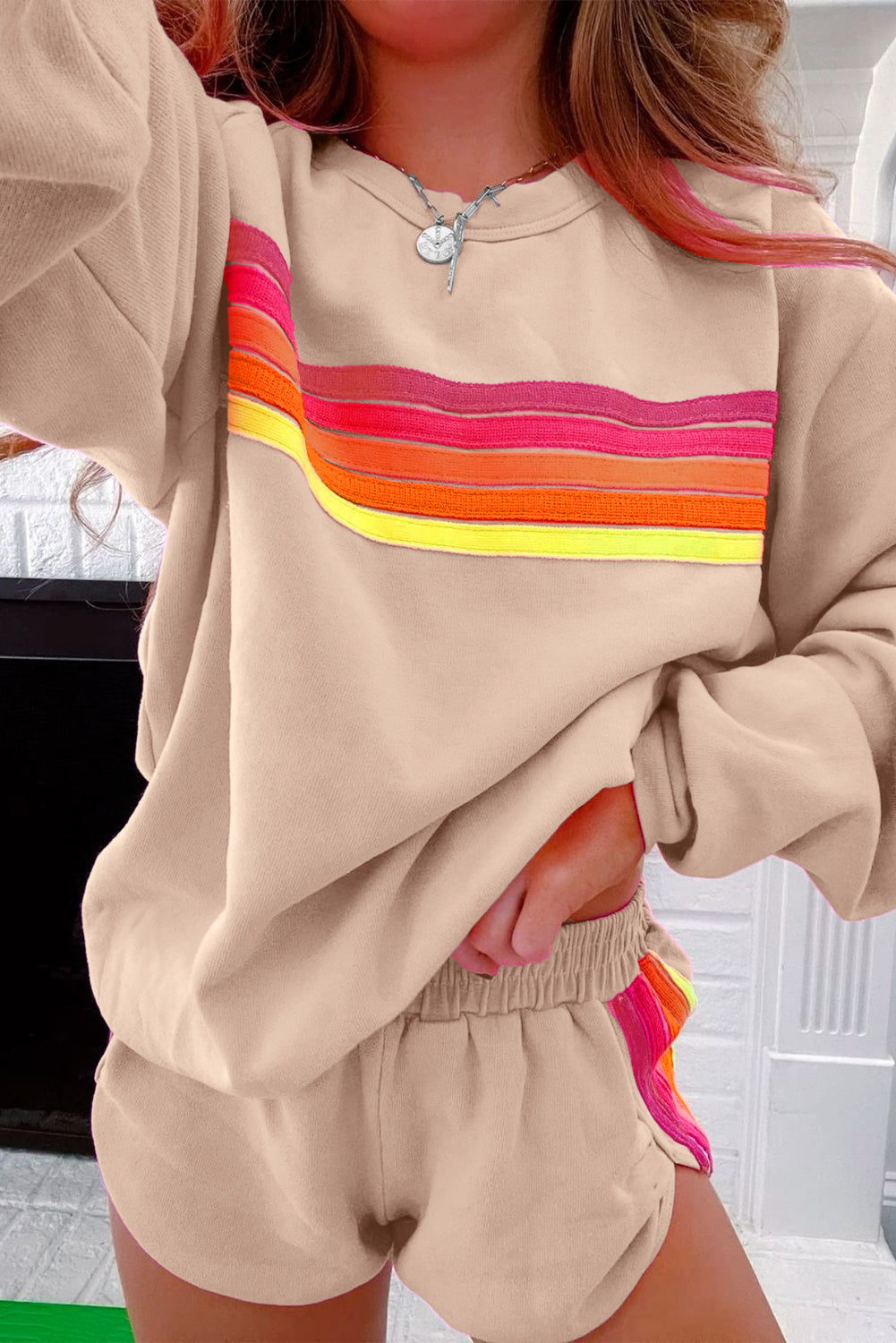 Bonbon Colorful Striped Long Sleeve Pullover and Shorts Set