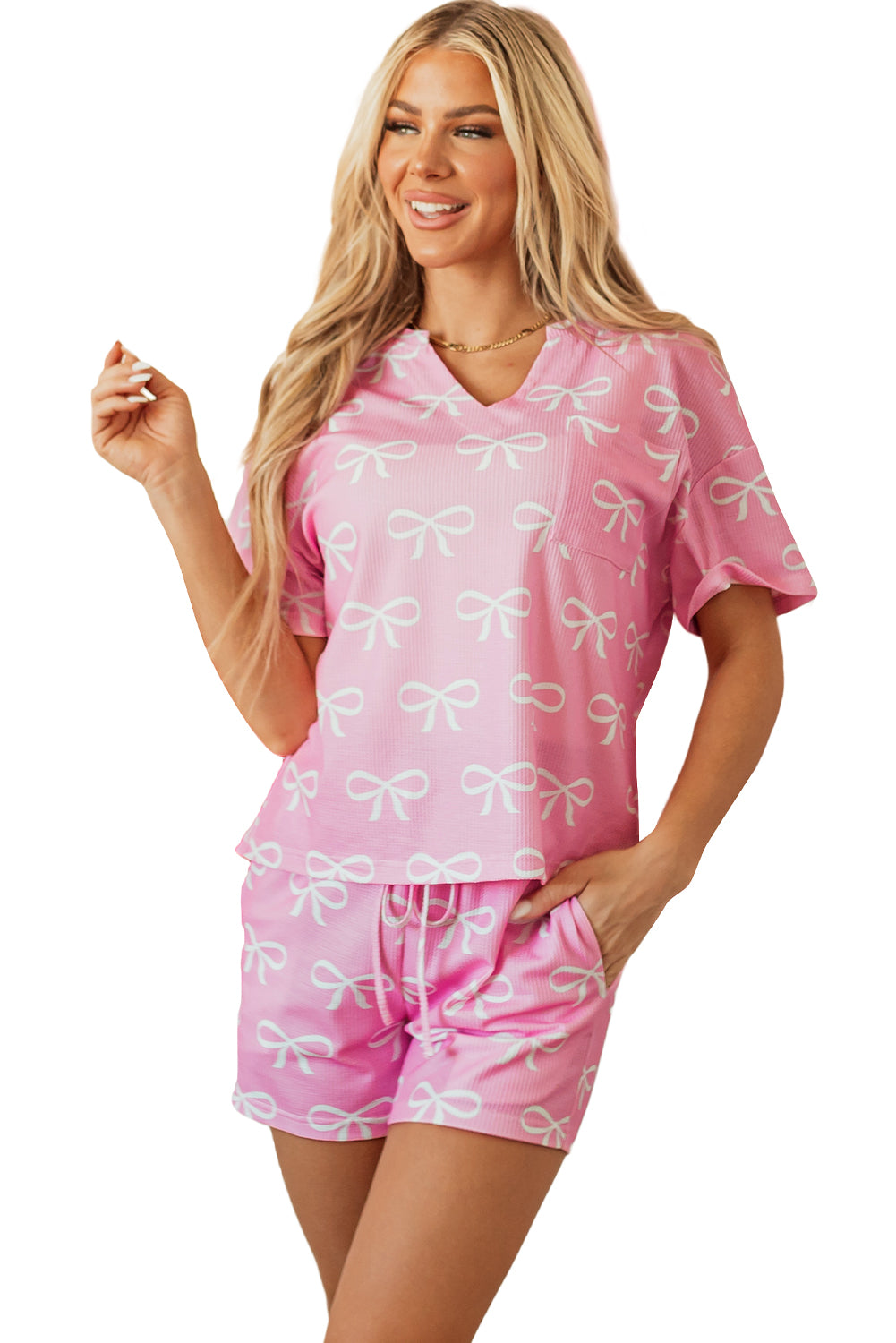 Pink Waffle Knit Bowknot Printed two piece V Neck T Shirt And Shorts Set