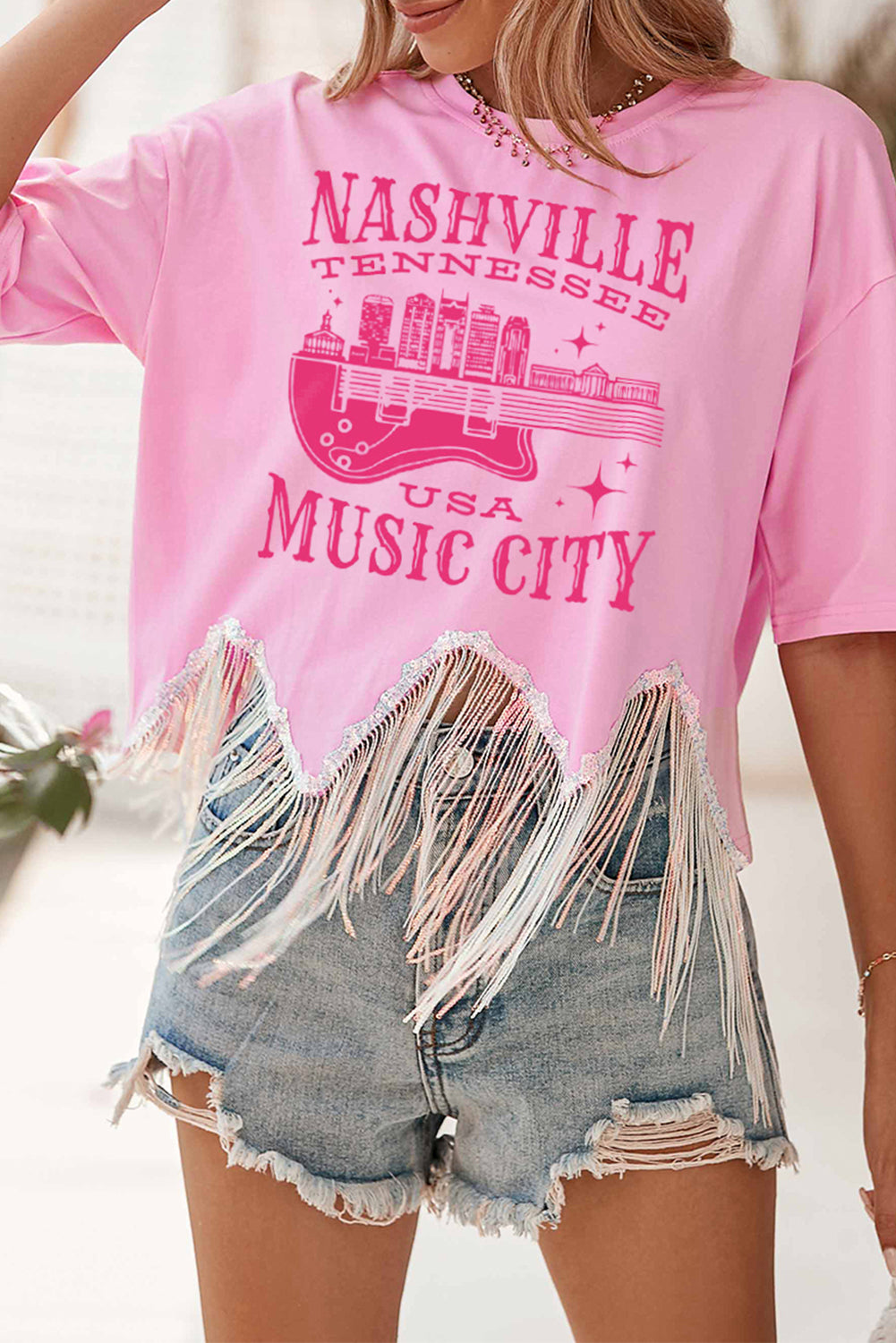 Pink NASHVILLE MUSIC CITY Graphic Sequin Fringed Hem Tee