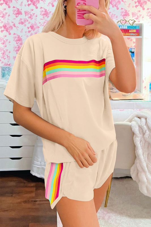Beige Vibrant Striped Detail Athleisure 2pcs Short Set