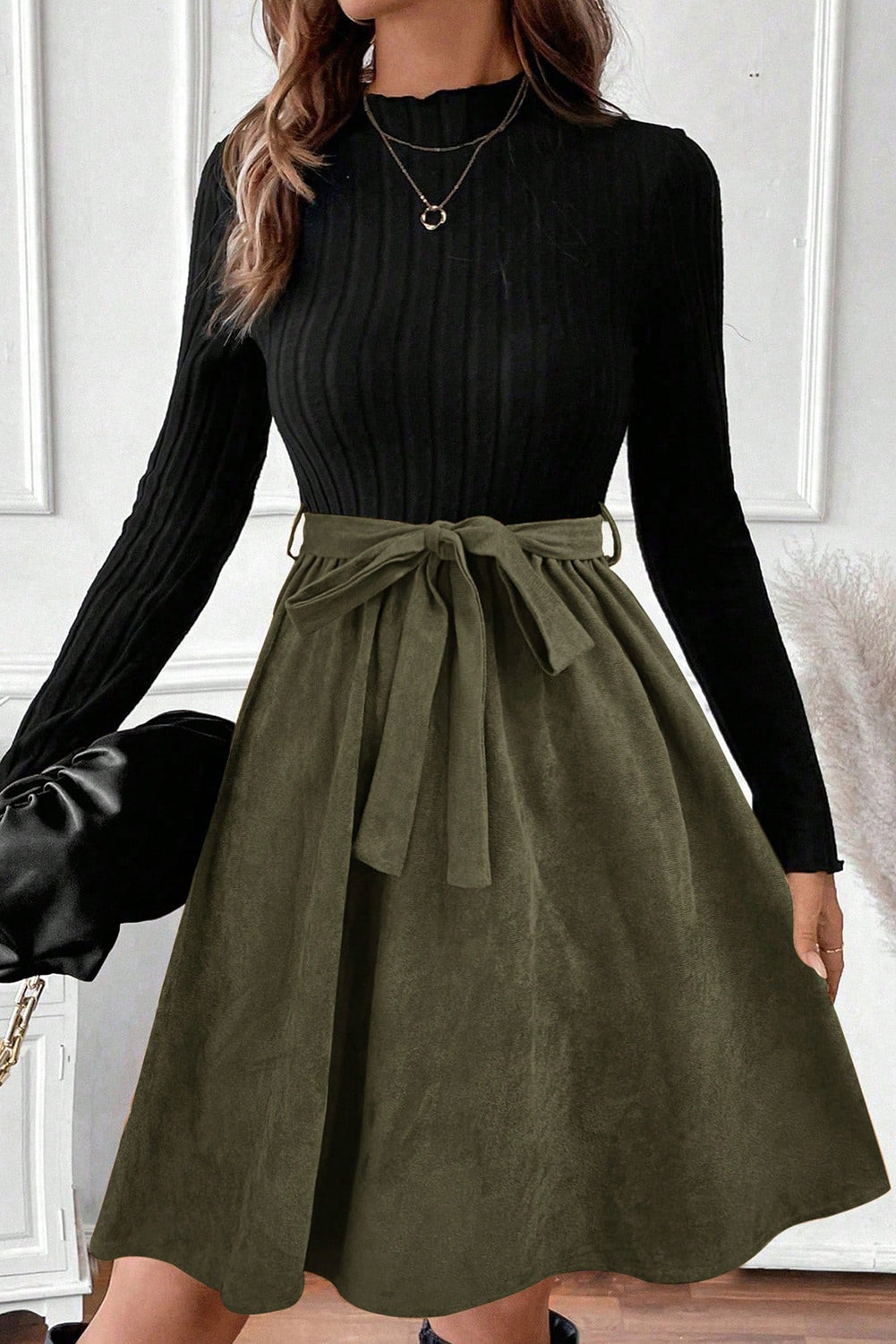 Black Ribbed Knit Slim Bodice Contrast Flared Skirt Patchwork Belted Dress Christmas