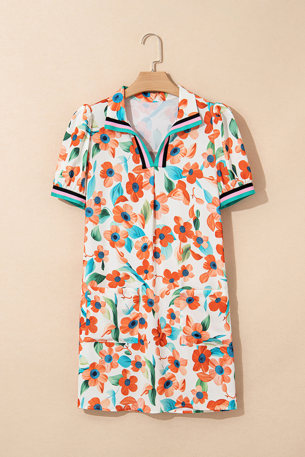 Orange Pop of Color Split Neck Puff Sleeve Floral Mini Dress